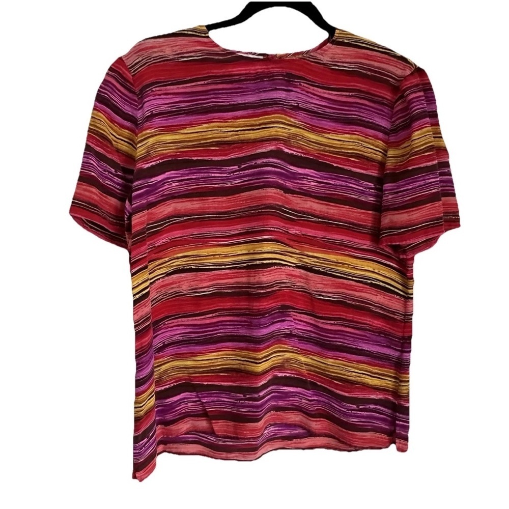 Silks By Joan Leslie Womens 8 100% Silk Short Sleeve Top Career Stripe Office